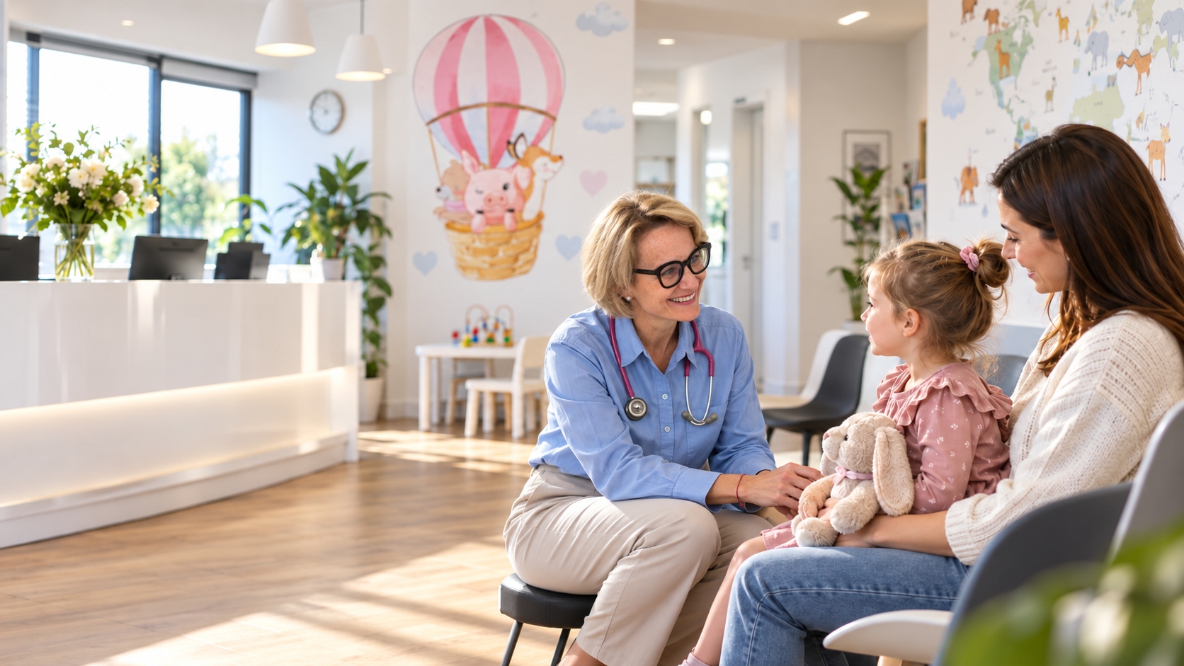 Dr Małgorzata Bryksy podczas spotkania z dzieckiem i mamą w gabinecie pediatrycznym